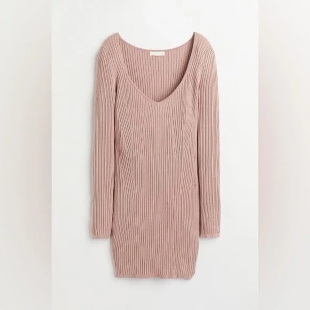 H&M Long Sleeve Ribbed Dress Dusty Rose Size Small - Picture 2 of 5
